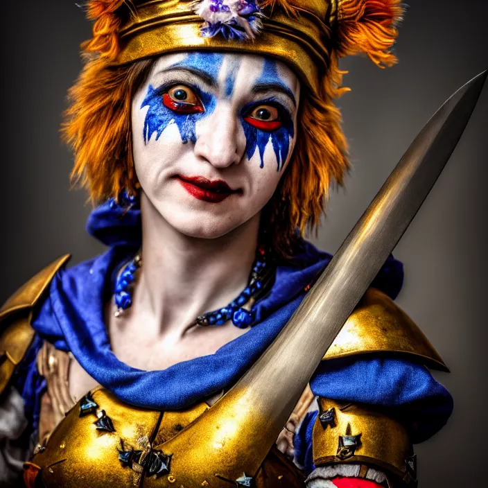 Image similar to photo of a real - life beautiful female jester warrior, 8 k, hdr, smooth, sharp focus, high resolution, award - winning photo