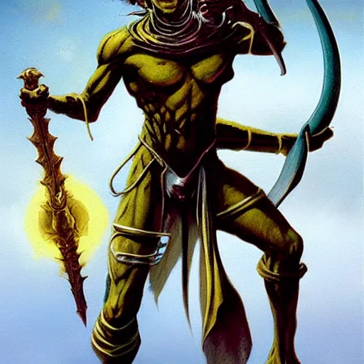 Prompt: ( ( ( half length portrait of yellow - skinned alien githyanki warrior holding a magical silver sword, in the astral plane ) ) ), d & d, fantasy, medieval, greg rutkowski, frank frazetta, alexandre chaudret, boris vallejo, michael whelan, miro petrov, hr giger, magali villeneuve, donato giancola