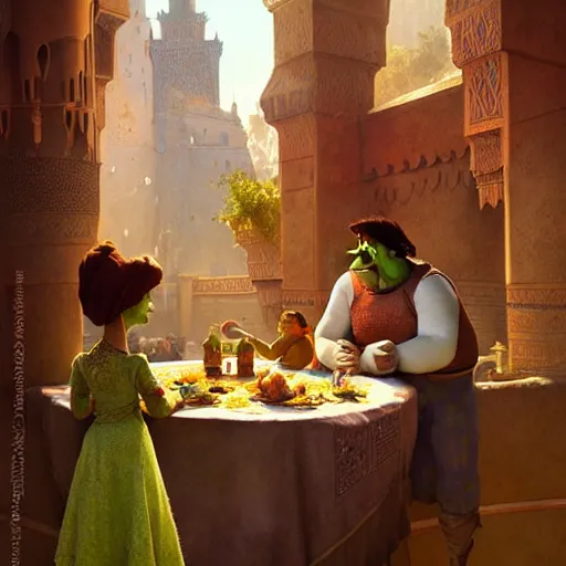 Image similar to shrek eats couscous with his family, moroccan festival, highly detailed, digital painting, artstation, concept art, sharp focus, illustration, art by greg rutkowski and alphonse mucha