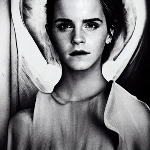 Prompt: Emma Watson as a bene-gesserit, ominous, brooding, dark, detailed, portrait by Annie leibovitz