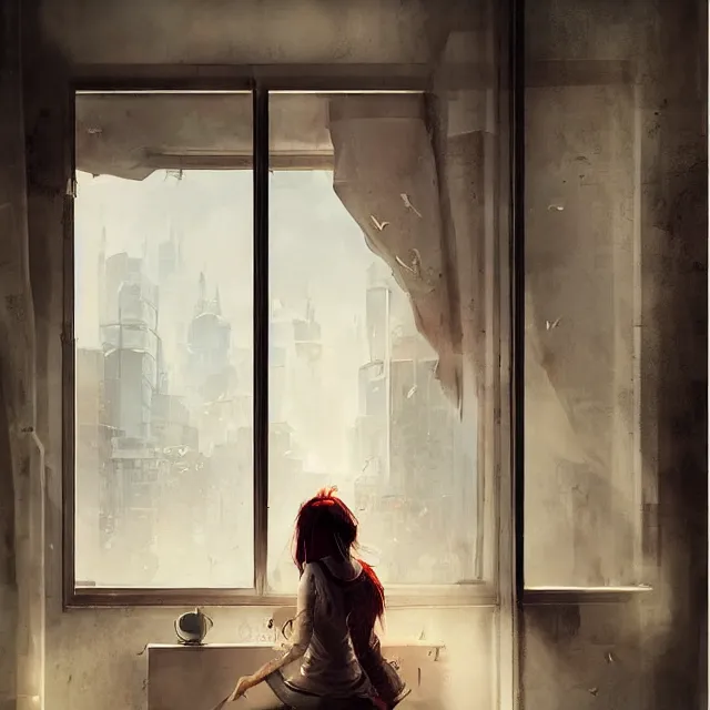 Image similar to window, woman, buildings, surprise, scared, couch by wlop, artgerm, greg rutkowski, evocative, highly detailed