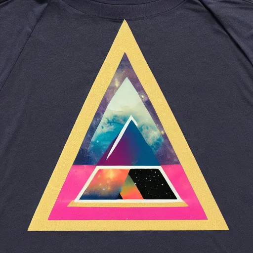 Prompt: photo of a t - shirt with a cool galactic print in a triangular pyramid shape on the chest in the style of maximalism, product photo