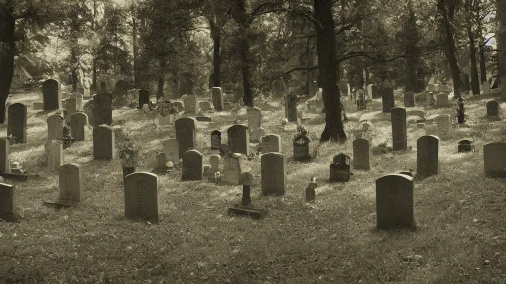 Image similar to A scene of a few tombstones in a forested cemetery from a Tim Burton and Wes Anderson movie, double-exposure of people in victorian dress style of pinhole photography,