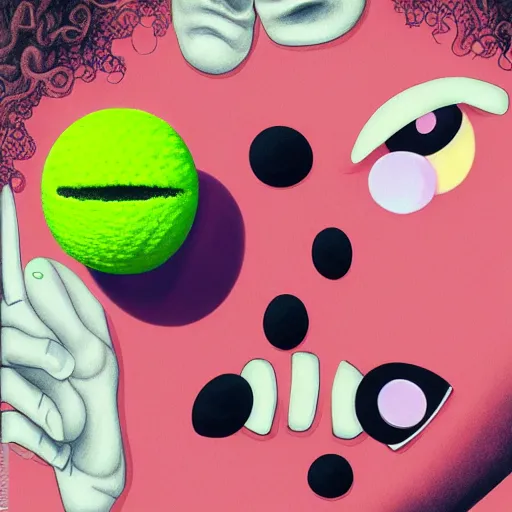 Image similar to Lofi vaporwave portrait tennis ball monster,chalk, Pixar style, Tristan Eaton, Stanley Artgerm, Tom Bagshaw, Basil Gogos