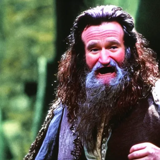 Image similar to Robin Williams playing Hagrid in Harry Potter, screenshot