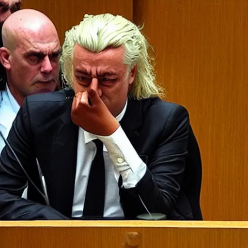 Prompt: geert wilders as judge raising hammer looking angry