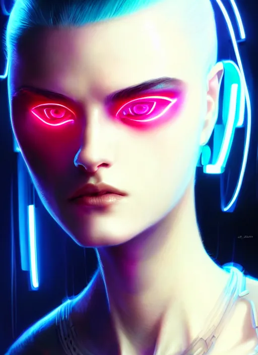 Prompt: portrait of female cyberpunk humanoid, asymmetric, intricate, elegant, cyber neon lights, highly detailed, digital photography, artstation, glamor pose, concept art, smooth, sharp focus, art by artgerm and greg rutkowski