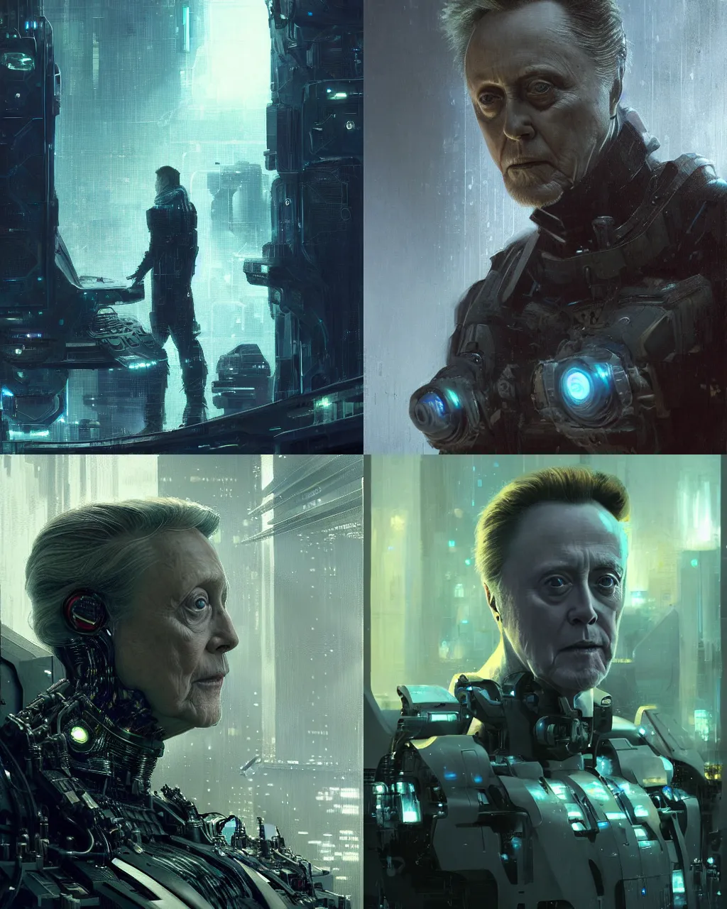 Prompt: christopher walken with cybernetic enhancements as seen from a distance, scifi character portrait by greg rutkowski, esuthio, craig mullins, 1 / 4 headshot, cinematic lighting, dystopian scifi gear, gloomy, profile picture, mechanical, half robot, implants, solarpunk