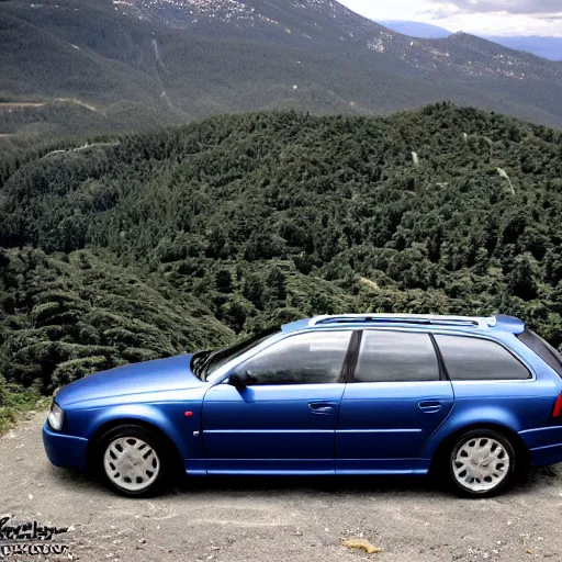Prompt: Denim Blue Audi A4 B6 Avant (2002) on a mountain, wide shot