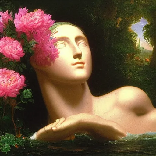 Image similar to Thomas Cole, Thomas Cole, award winning masterpiece with incredible details, Thomas Cole, a surreal vaporwave vaporwave vaporwave vaporwave vaporwave painting by Thomas Cole of an old pink mannequin head with flowers growing out, sinking underwater, highly detailed Thomas Cole