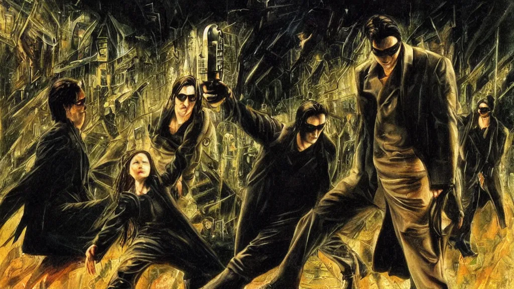 Prompt: an oil painting in the style of alan lee depicting the movie the matrix ( 1 9 9 9 )