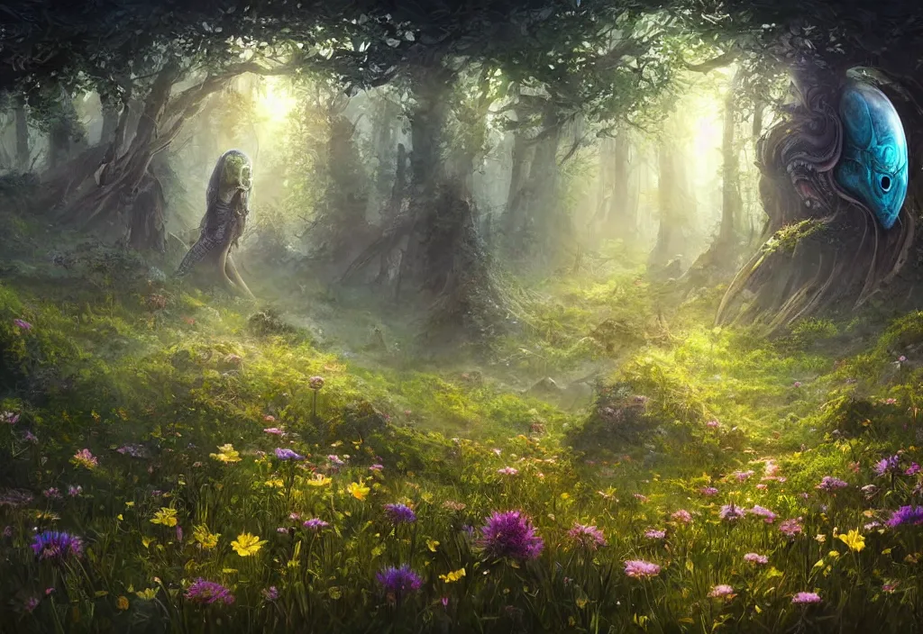 Prompt: an alien flowering meadow a forest behind it, epic fantasy, detailed, intricate, digital painting, concept art, realistic, smooth, focus, rim light