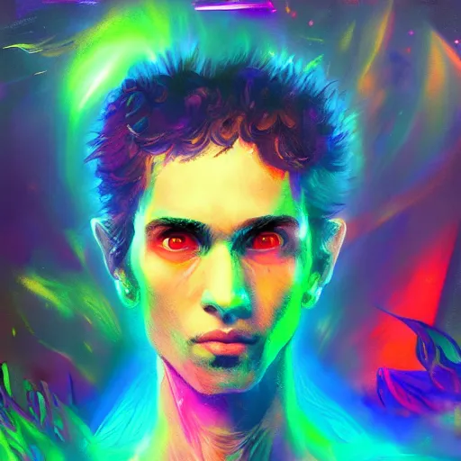 Image similar to a psychedelic young godlike humanoid, hyper detailed, in the style of greg rutkowski and ruan jia and bob ross and lisa frank, selfie