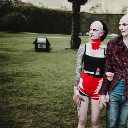 Prompt: Candid photo of a white couple in their early twenties dressed punk teasing each other, the man is lanky with a shaved bald head and facial piercings, the woman is short and chubby with a red undercut hairstyle