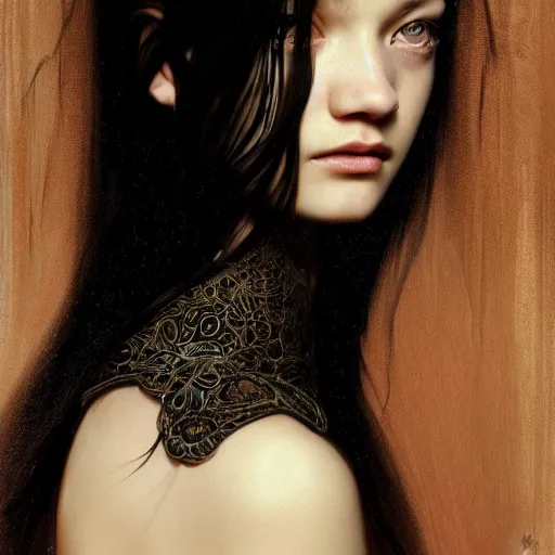 Image similar to portrait of a german teenage girl with glossy black hair, glowing skin, delicate features, gemma ward, stoya, fantasy, intricate, elegant, dress shirt, highly detailed, digital painting, artstation, concept art, smooth, sharp focus, illustration, art by Krenz Cushart and Artem Demura and alphonse mucha