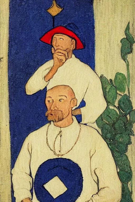 Image similar to a painting of a man in a white outfit, a character portrait by jean fouquet, reddit, synthetism, woodcut, grotesque, tarot card