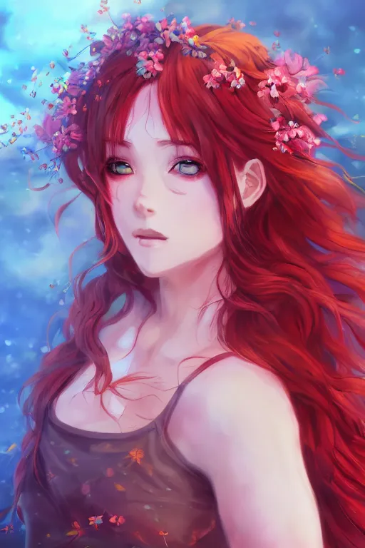 Prompt: face portrait of a beautiful anime girl with red wavy hair and flowers around her face, digital painting, trending on artstation and deviantart, epic composition, vibrant, highly detailed, ross draws, wlop, 8 k