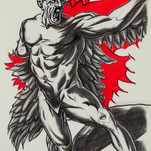 Image similar to full body drawing by Luke Starkie of a muscled horned Satan Devil , swimming tuxedo, red flames in background