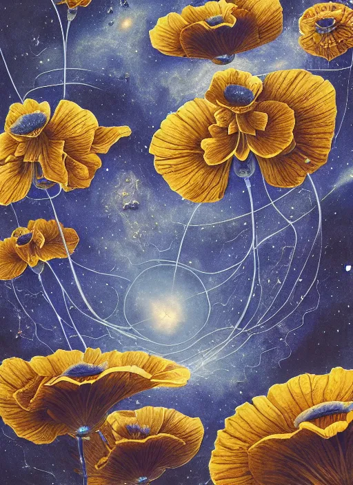 Image similar to detailed, intricate blue black and purple papaverum flower on the field, nebula, galaxy in the sky, winning award masterpiece, fantastically beautiful, illustration, aestheticly inspired, jacek yerka, upscale with anguissola sofonisba work, artstation, 8 k