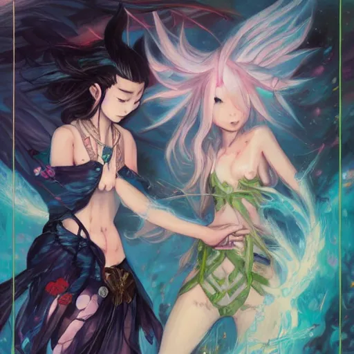 Image similar to Shion and Rimuru Tempest in the style of Magic The Gathering MTG by Hikari Shimoda and Charlie Bowater