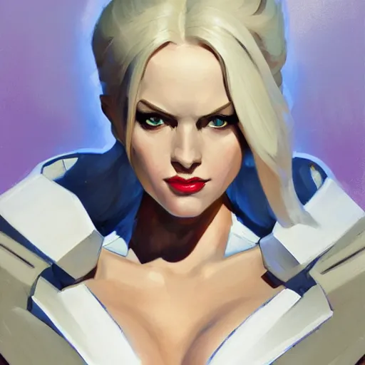 Image similar to Greg Manchess portrait painting of Emma Frost as Overwatch character, medium shot, asymmetrical, profile picture, Organic Painting, sunny day, Matte Painting, bold shapes, hard edges, street art, trending on artstation, by Huang Guangjian and Gil Elvgren and Sachin Teng