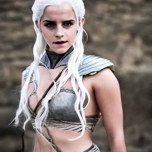 Image similar to Emma Watson full shot modeling as hot Daenerys Targaryen From Game of Thrones, (EOS 5DS R, ISO100, f/8, 1/125, 84mm, postprocessed, crisp face, facial features)