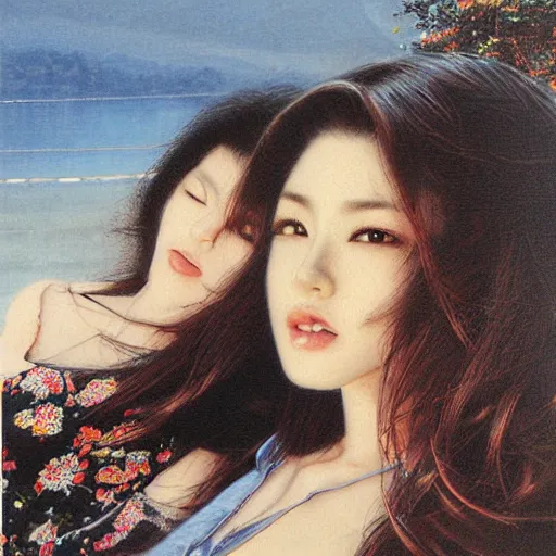 Image similar to a portrait of two beautiful 3 0 year old sisters in a scenic environment by noriyoshi ohrai