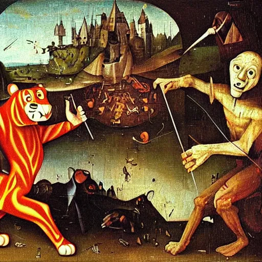 Prompt: an oil painting of Tony the Tiger facing his creator by Hieronymus Bosch, horror, revelations
