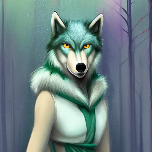 Image similar to Beautiful portrait digital painting of an anthro anthropomorphic minty wolf at a forest day time.