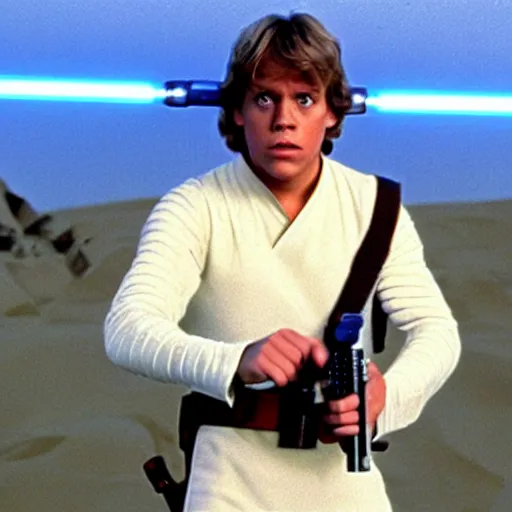 Image similar to A still of Luke Skywalker holding his green lightsaber and looking concerned from Star Wars, 1990, Directed by Steven Spielberg, 35mm