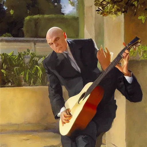 Image similar to a portrait of agent 4 7 from hitman playing a guitar in a monestary garden next to an elderly priest, by gregory manchess, james gurney, james jean