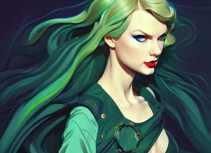 Image similar to style artgerm, joshua middleton, taylor swift with green dress, very long blue hair, symmetrical face, symmetrical eyes, steampunk western gunslinger, cinematic lighting