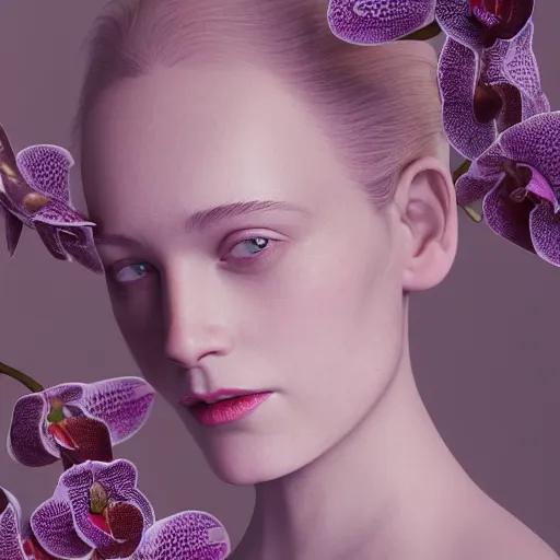Image similar to long shot kodak portra 4 0 0, 8 k, volumetric lighting, highly detailed, britt marling style 3 / 4, fine art portrait photography in style of paolo roversi, orchid, orchid flower, 3 d render 1 5 0 mm lens, art nouveau fashion royalty, elegant, hyperrealistic ultra detailed, 8 k