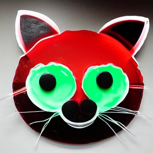 Prompt: a cat made entirely of jello, red glowing eyes