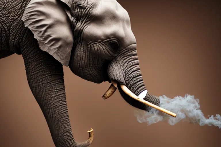 Prompt: ultra realistic photography, picture of ( subject : an elephant blowing smoke ). the scene is set in a gentlemens cigar lounge, a very smokey atmosphere, small thick clouds of cigar smoke, artstation, focus on the elephant, anatomically correct elephant features, extremely detailed and crisply sharp photo, hyperrealistic smoke, figma, sigma, 4 k