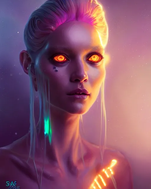 Prompt: one singular portrait of a cute bioluminescent alien queen, highly detailed, digital painting, moody cinematic lighting, hyperrealism, dark retrowave, art by stanley lau and artgerm and magali villeneuve and alphonse mucha, artstation, octane render, cgsociety