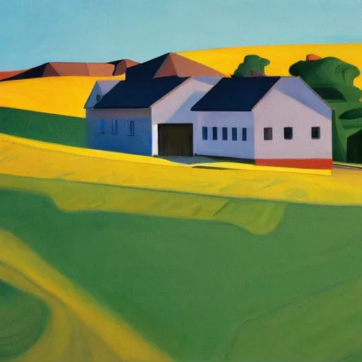 Prompt: dreaming futuristic rural landscape with modern houses, painted by Alex Katz and Edward Hopper, airbrushm, highly detailed