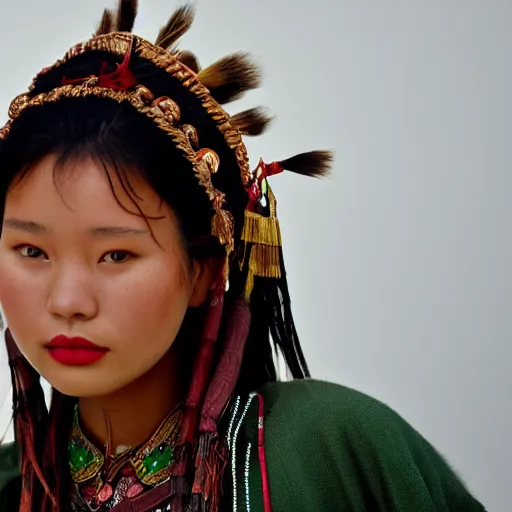 Image similar to closeup photo of a young chinese tribal woman in the style of rosie matheson