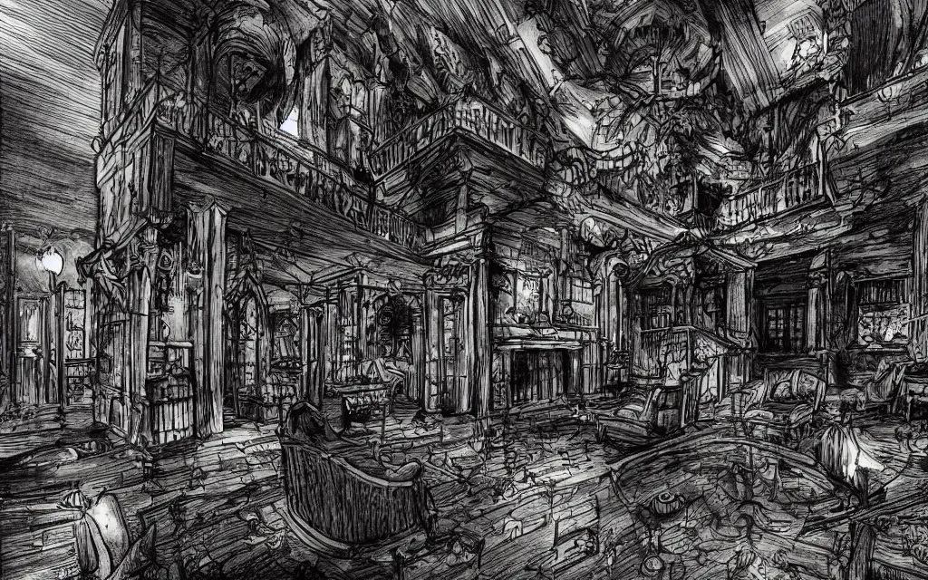 Image similar to haloween lovecraftian mansion interior epic, drawn by pete amachree