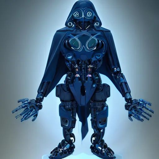 Image similar to award - winning. trending on artstation. 4 k. a faceless robotic figure wearing a hooded cape made of the night sky with 1 dark blue glowing eye on its face. full - body.