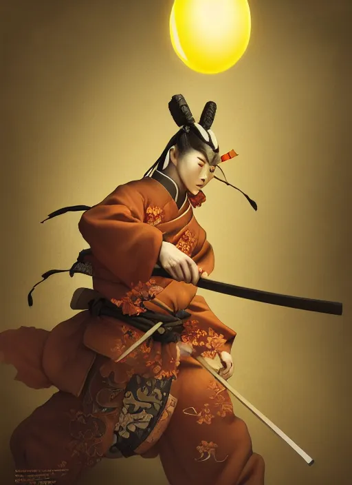 Prompt: kitsune samurai in autumn color kimono holding a glowing egg, subsurface scattering, by jesper ejsing, justin gerard, tomasz alen kopera, cgsociety and fenghua zhong, highly detailed, rim light, cinematic lighting, illustration, art, octane render, very coherent, cinematic, hyper realism, high detail, octane render, 8 k