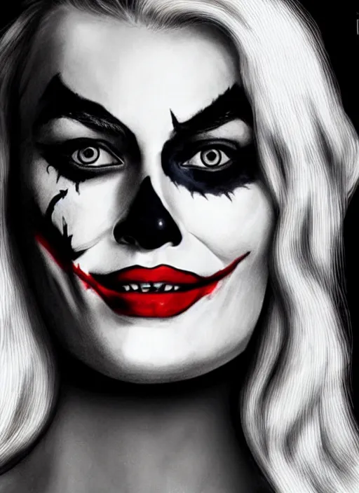 Prompt: a drawing margot robbie with joker makeup, ace card, realistic face, black and white, hyper realistic, highly detailed