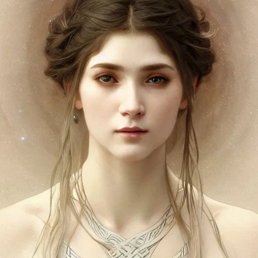 Prompt: portrait of a norse moon goddess, with white skin, intricate, elegant, highly detailed, digital painting, artstation, concept art, smooth, sharp focus, illustration, art by artgerm and greg rutkowski and alphonse mucha and william - adolphe bouguereau