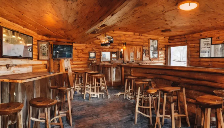 Image similar to empty cozy bar in small cabin, warm, outside winter landscape