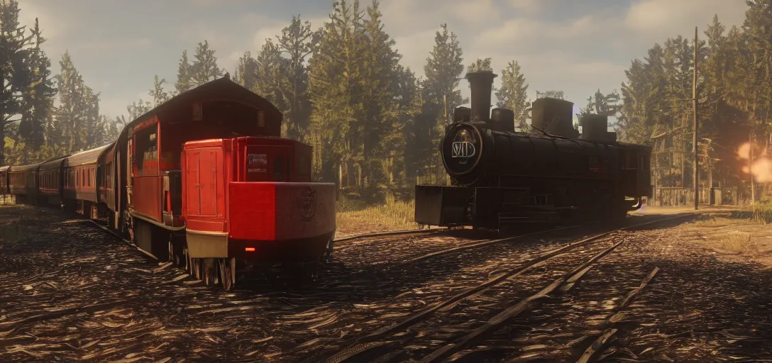 Image similar to A train in red dead redemption 2, pre-rendered cutscene, high quality image, widescreen, 8k, octane render