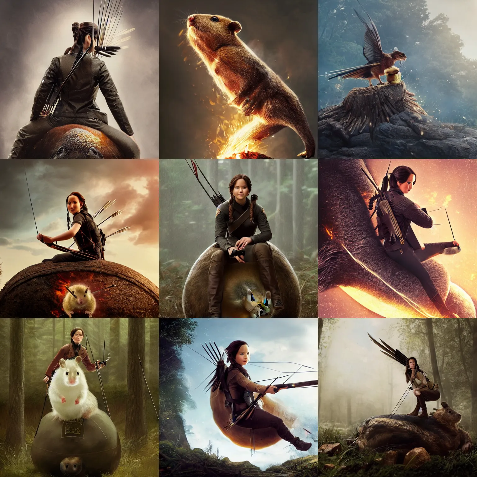 Prompt: katniss everdeen sits on a giant hamster, digital art by greg rutkowski, but as macro photography