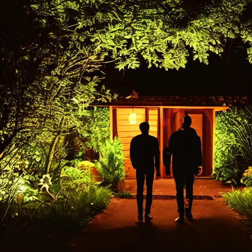 Image similar to A dark photo of two men in a garden at night walking towards a small wooden garden shed