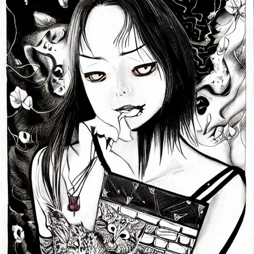 Prompt: portrait of a beautiful woman, gothic, cat eyes, high detail, illustration by junji ito