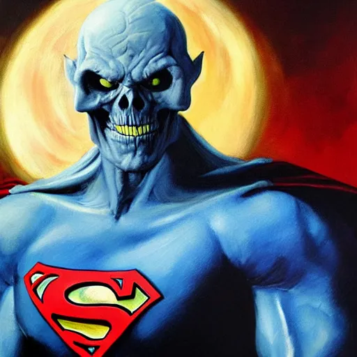 Image similar to ultra realistic portrait painting of skeletor as superman, art by frank frazetta, 4 k, ultra realistic, highly detailed, epic lighting