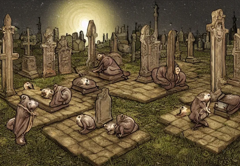 Image similar to monk possums at a medieval cemetery at night, highly detailed, digital art, isometric